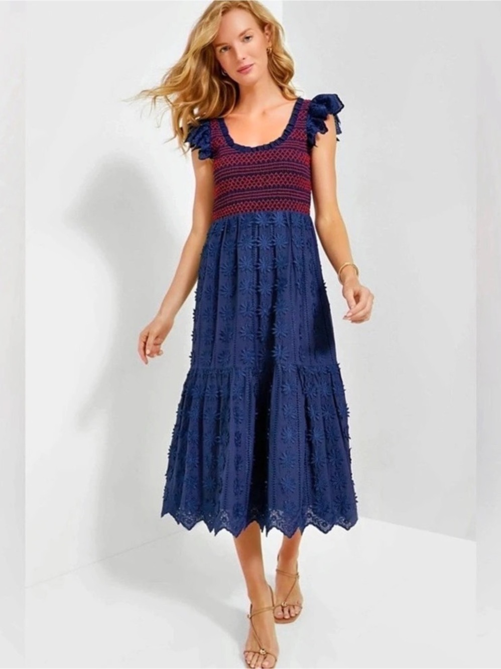 Tuckernuck Embroidered Midi Dress in Blue & Red M